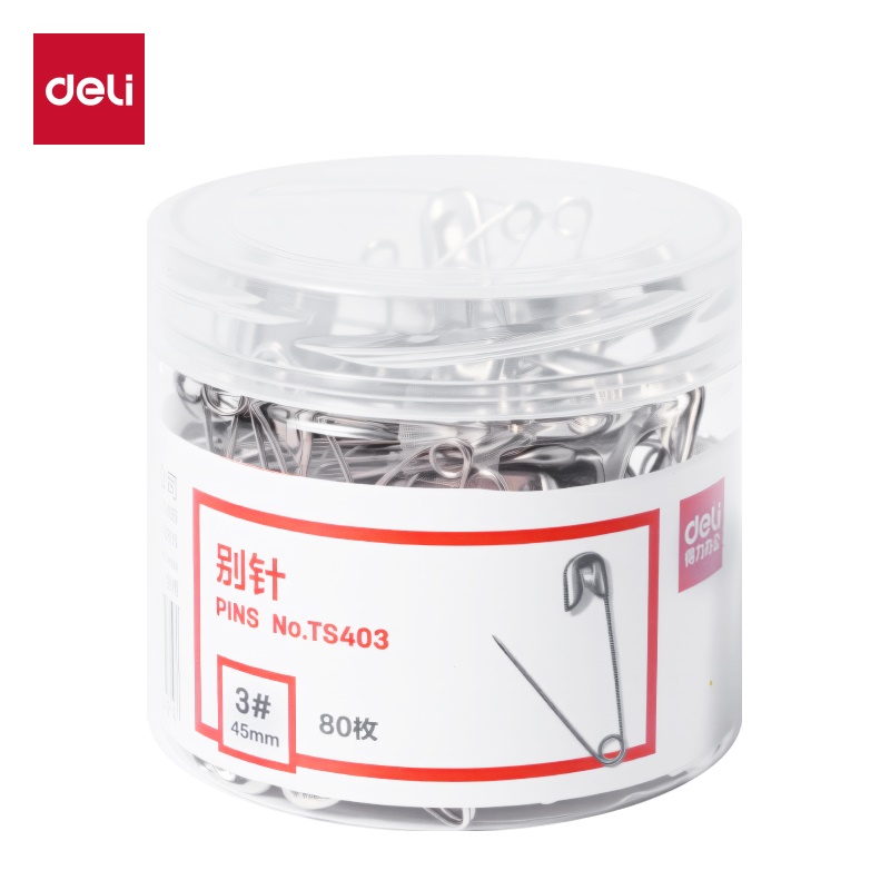 得力 TS403 筒装 老式安全衣扣别针 3# 45mm 80只装