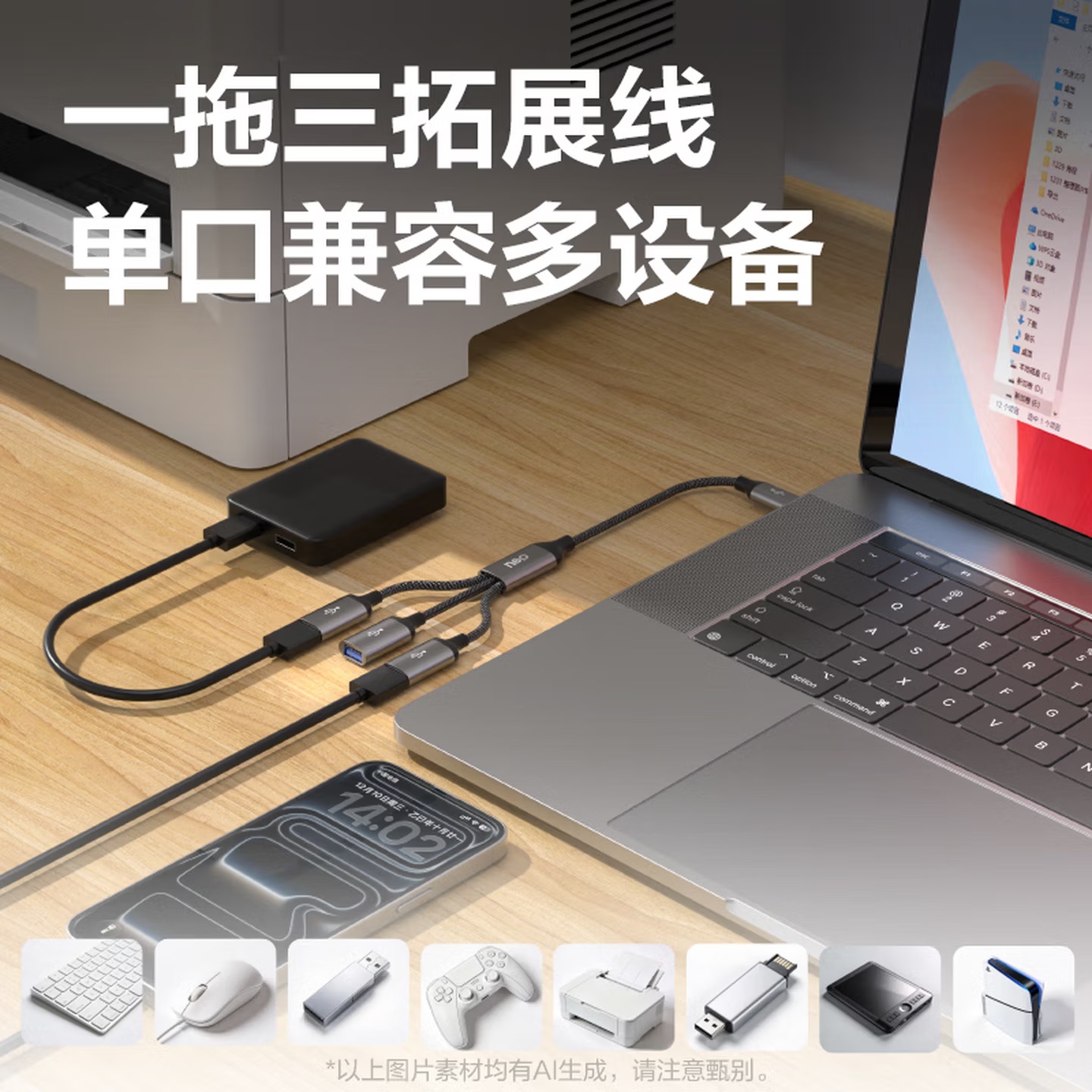 得力 MG252 一分三  Type-C转三USB分线器 多口OTG转接器扩展器